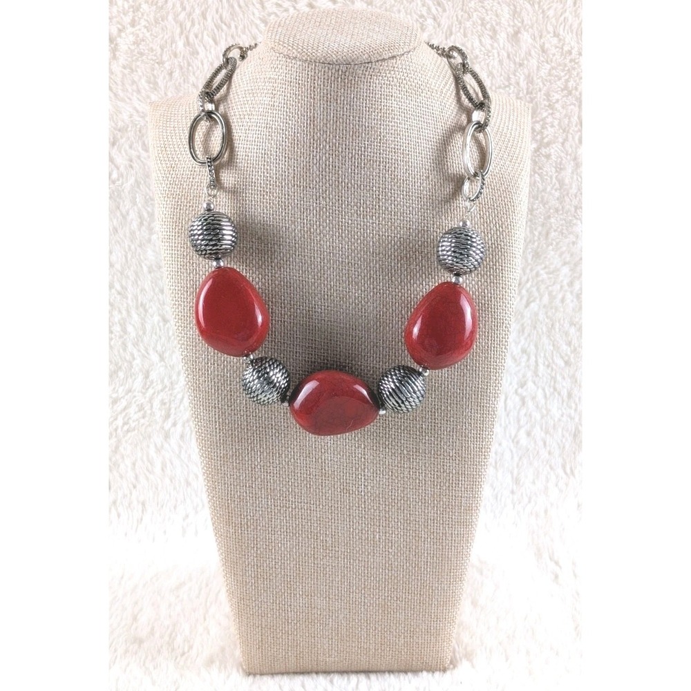 Premier Designs Red Stone‎ Bead Necklace Silver Tone Chunky Statement Adjustable